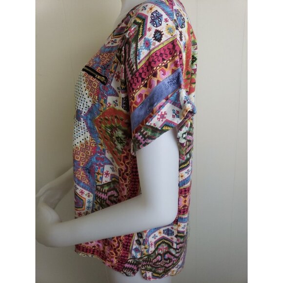 Papillon Boho Top Womens Large Aztec Ethnic Scarf Print Short Sleeve Raindrop - Picture 4 of 9